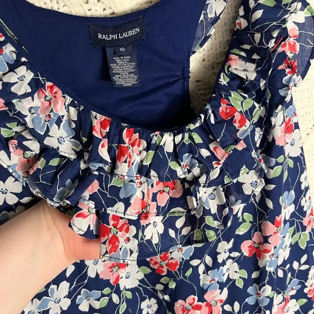 RALPH LAUREN | Girl's Floral Sleeveless Dress Navy White‎ 16